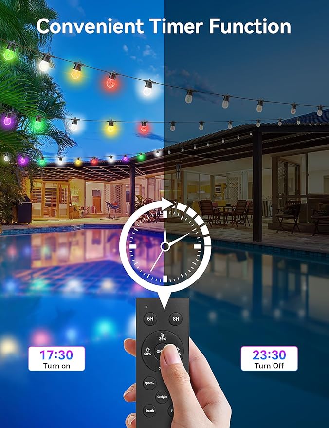 Brightever LED Outdoor String Lights, 50FT Patio Lights with 16 S14 Christmas Filament Bulbs, Dimmable&Speed Adjustment, Plug in IP65 Waterproof Outside Hanging Lights with Remote for Porch, Deck