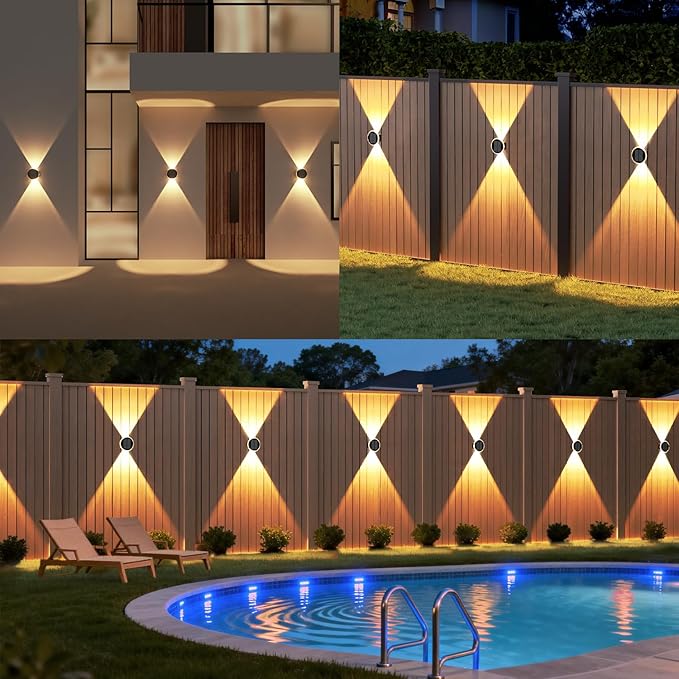 Ellasay Solar Fence Lights: 12 Hours Long Runtime Solar Powered Wall Lights 360° Circular Lighting Up and Down Waterproof IP65 & 3 Modes High Brightness LED Focus Lens for Fence/Porch- 2 Pack