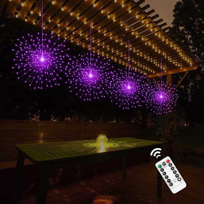 2 Pack Starburst Sphere Lights,200 LLED Firework Lights, 8 Modes Dimmable Remote Control Waterproof Hanging Fairy Light, Copper Wire Light for Patio Parties Christmas (Purple)