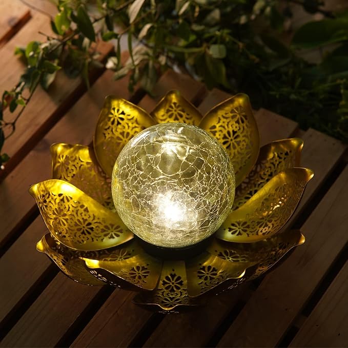 DUSVALLY Lotus Solar Light Outdoor Garden Decoration for Patio, Lawn, Walkway, Tabletop, Waterproof Metal Lotus & Glass Globe Emit Crackle Light, Golden