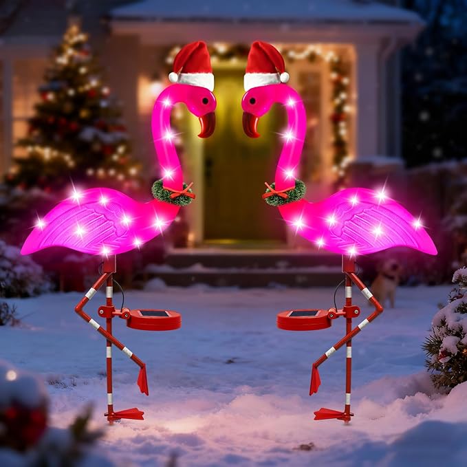 Solar Garden Lights Christmas Decor, 2Packs Solar Flamingo Light Outdoor Waterproof, Xmas Birthday Gifts for Women Mom, Pink Flamingo Garden Statue Decor for Yard Lawn Walkway Pathway Patio Porch