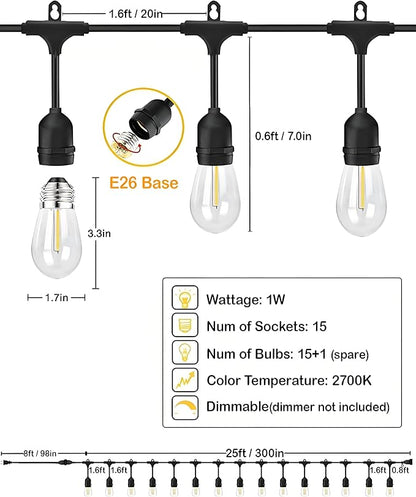 25FT Outdoor String Lights for Patio, Balcony & Porch – 16 LED Edison Bulbs (1.6FT Spacing), Dimmable Heavy-Duty Patio Lights for Backyard, Gazebo, Bistro, Camping, Party and Garden Decor