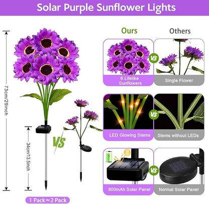 Solar Sunflower Lights Outdoor Garden Decor, 6 Pack Solar Purple Flowers Lights with 18 Sunflowers, Waterproof Fall Decor Stake Decorative Light Auto ON/Off for Garden Yard Patio, Gift for Women