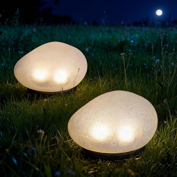Solar Rock Garden Lights 2 Pack, Waterproof Outdoor Stone Lights, Warm White LED for Yard, Lawn, Pathway, Patio Decor