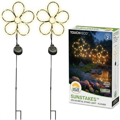 Touch Of ECO Outdoor Solar Powered LED Decorative Garden Stake Light - 2 Pack Warm White Flower Design - Great Decor for Yard, Patio, Lawn, Planter-Makes a Great Gift