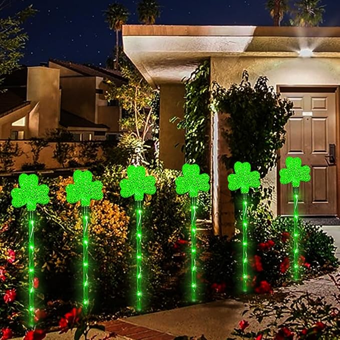 Solar Shamrocks Garden Stake Lights for St. Patrick's Day Decorations Outdoor, 8 Modes Green Lucky Clover Pathway Lights Waterproof St. Patrick's Lights for Yard Lawn Walkway Decor (6 Pack)