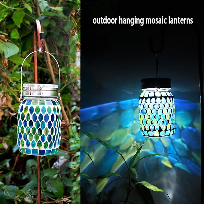 GUANFU Mosaic Solar Lanterns Outdoor Hanging Lights, Solar Table Lamps & Cool Blue Color Mosaic Glass Lights, Outdoor Waterproof Solar Night Lights, Garden,Patio,Pathway & Yard Décor…