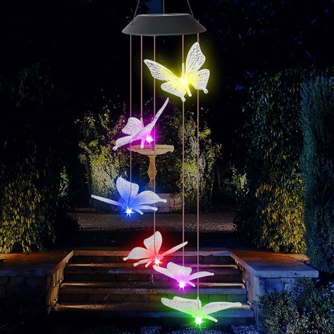 Butterfly Solar Light, Epicgadget Solar Butterfly Wind Chime Color Changing Outdoor Solar Garden Decorative Lights for Walkway Pathway Backyard Christmas Decoration Parties (Clear Wing Butterfly)