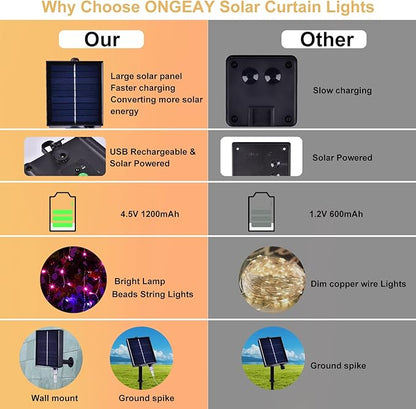 300 LED Solar Curtain Lights Outdoor Indoor Solar Christmas Lights Fairy Window Waterproof, Twinkle 8 Modes Christmas Decoration for Home Patio (Multi-Colored)