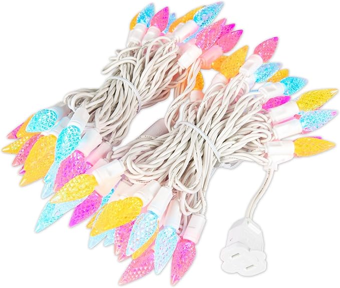 70 Light 24Ft Spring Easter Lights Commercial String Lights C6 LED Strawberry Faceted Bulb – Yellow/Teal/Pink | Lumora