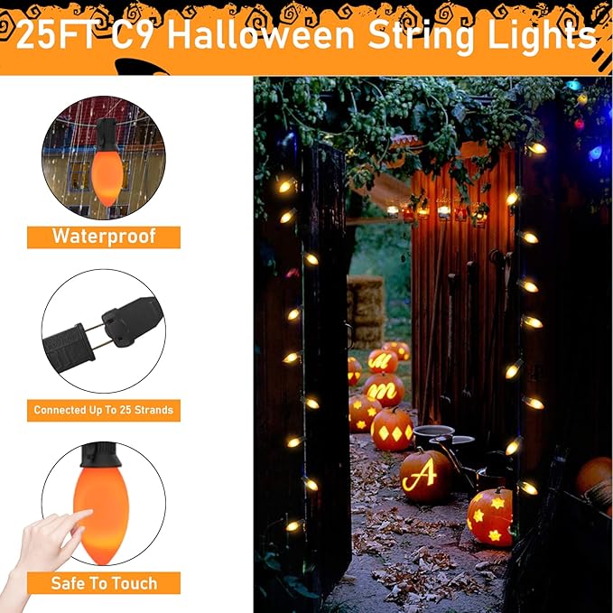 C9 LED Orange Halloween Lights, 25FT Halloween C9 String Lights with 27 Orange LED Bulbs, Hanging Decoration Light for Outdoor Indoor Patio Home Party Garden Yard-Black Wire
