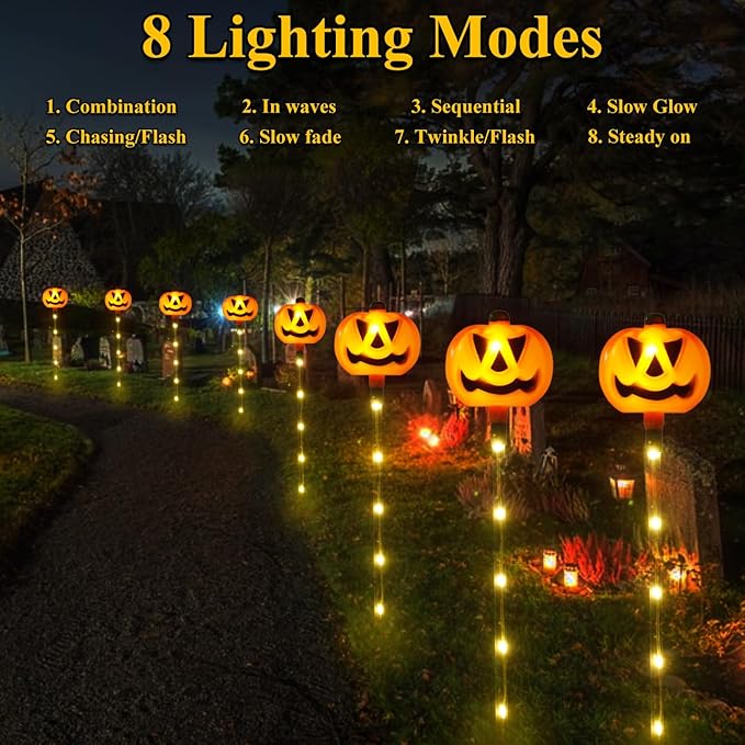 6 Pack Solar Pumpkin Garden Pathway Stake Lights Outdoor Halloween Decorations,8 Modes Solar Pumpkin Lights for Outside Waterproof Lighted Scary Jack o Lantern for Patio Yard Lawn Grave Decor
