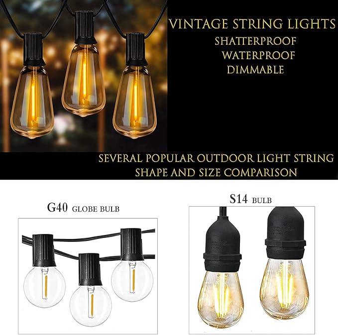 100ft Outdoor String Lights 30 ft with 27 LED Edison Bulbs, Dimmable Waterproof Shatterproof 2200K Warm | Lumora
