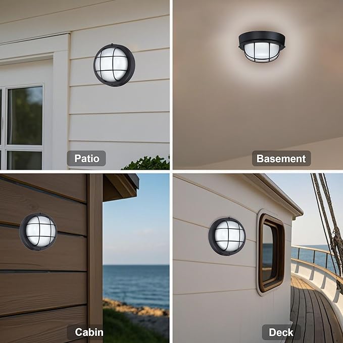 GRUENLICH 8'' Round LED Bulkhead Light, Outdoor Wall Lights Dimmable, Sauna & Exterior Lighting, ETL Rated, 15W 1600 Lumen, 5000K Daylight White, Black Cast Aluminum, Wall/Ceiling Mount, 2 Pack
