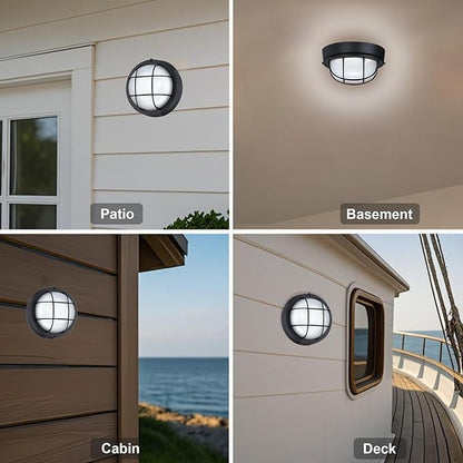 GRUENLICH 8'' Round LED Bulkhead Light, Outdoor Wall Lights Dimmable, Sauna & Exterior Lighting, ETL Rated, 15W 1600 Lumen, 5000K Daylight White, Black Cast Aluminum, Wall/Ceiling Mount, 2 Pack