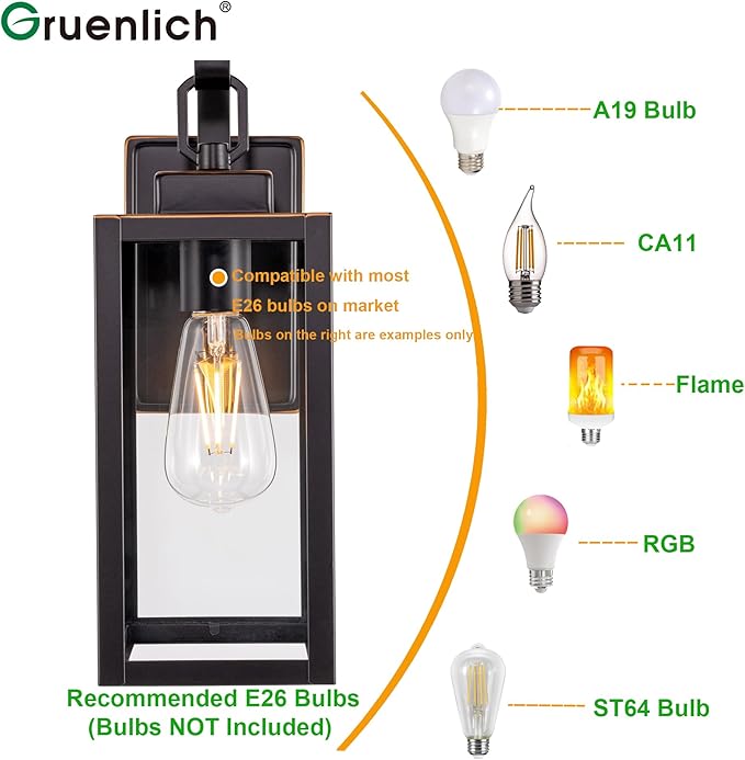 GRUENLICH Outdoor Wall Lantern, Wall Sconce for Porch Lighting Fixture, E26 Base Max 60W, Metal Housing Plus Glass, Oil Rubbed Bronze Finish, Bulb Not Included, 1-Pack