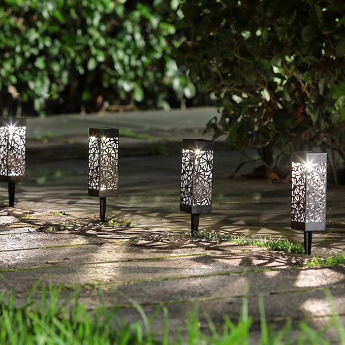 6Pcs Hollow-Out Solar Lawn Lights Warm White Waterproof Garden Solar Pathway Lamps Ground Plug Outdoor Landscape Lighting for Yard