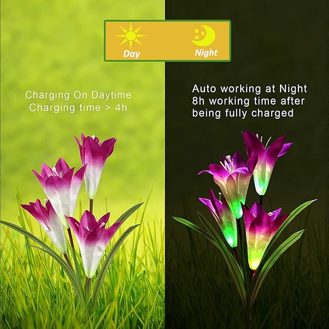 ANGMLN 6 Pack Solar Flowers Lights,24 Bigger Head Solar Lily Flowers, 7 Color Changing Pathway Lights for Garden Patio Yard Outdoor Garden Stake Decoration (Purple2&White2&Pink2)