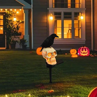 Halloween Skull Lights Crow on Skull Solar Pathway Lights Waterproof Scary Skeleton LED Outdoor Decorations, Realistic Resin Material for Patio Lawn Yard Garden Home Halloween Party (A)