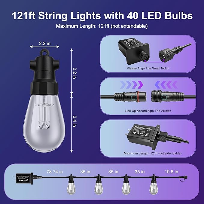 Outdoor String Lights 121ft, Patio Lights with 20 Dimmable LED Bulbs, RGBW & Warm White, IP67 Waterproof, Shatterproof, APP & Remote Control, Color Change, Customizable Colors for Backyard Decor