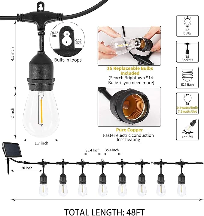 KLED LED Solar String Lights Outdoor 48Ft Waterproof Hanging Lights with S14 15 Shatterproof Bulbs & 4 Light Modes, Outside Backyard Lights for Patio Market Bistro Porch Cafe Decor (48)