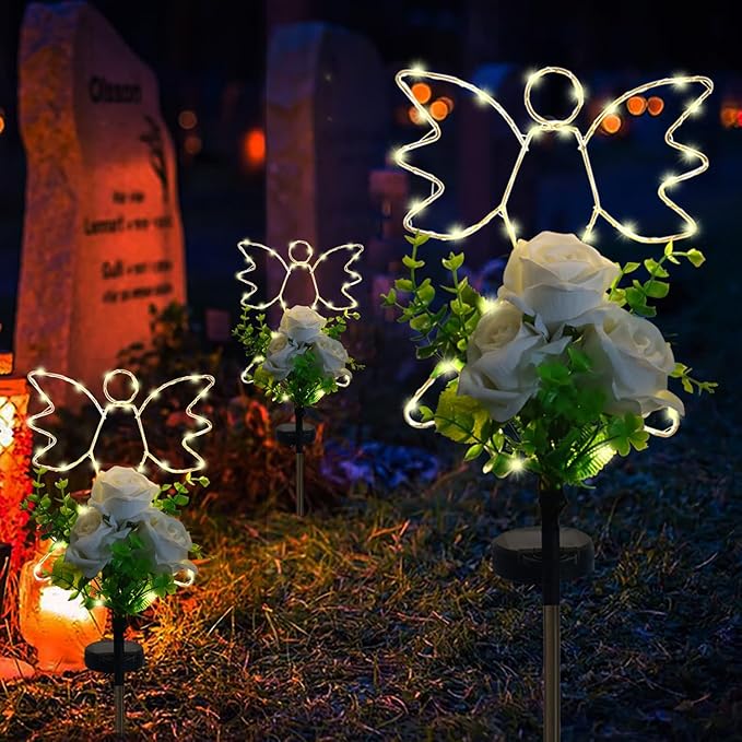Lmtcos Solar Angel Lights for Cemetery Decorations for Grave, Memorial Sympathy Gifts for Loved One, Solar Grave Decorations for Mother Day Father Day Memorial Day Christmas Grave Decor