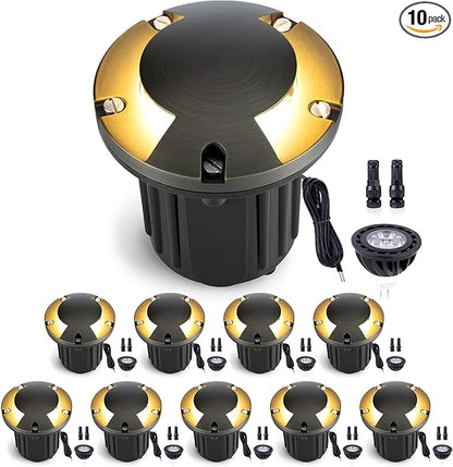 Gardenreet Low Voltage Outdoor Well Light - Brass All Weather Low Voltage 12V In Ground Lighting, LED Wired Fixture, Antique Bronze for Backyard Lawn Pathway with 4000K Neutral White MR16 Bulb