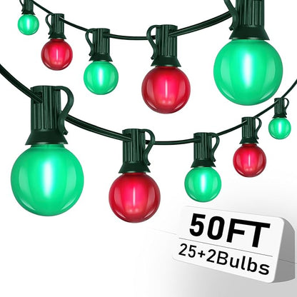 50FT G40 Christmas String Light Outdoor, Frosted Red and Green LED Christmas Lights with 27 Shatterproof LED Bulbs(2 Spare), Waterproof Patio Lights for Holiday Party Backyard Xmas Decor