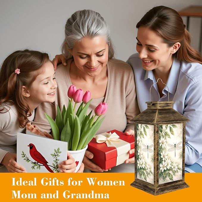 Solar Lantern Outdoor Waterproof Vintage Dragonfly Botanical Retro Dragon Fly Leaves White Flowers Garden Decor LED Solar Lights Hanging/Tabletop Lamp Gifts for Women Mom for Outside Yard Patio