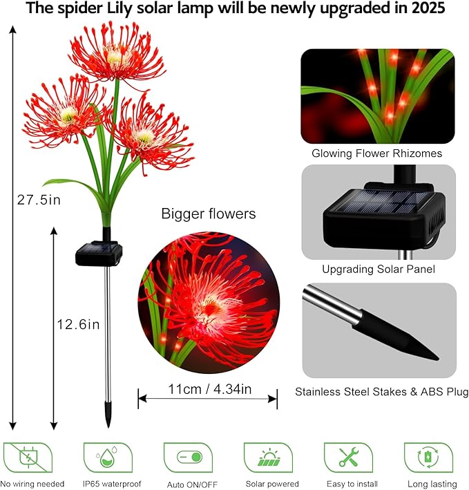 Solar Garden Flower Lights Outdoor, 8 Pack Red Spider Lily with Glowing Stems, Waterproof LED Yard Lawn Pathway Decor, Elegant Patio Garden Decoration, Mother’s Day Gifts for Mom, Grandma, Women