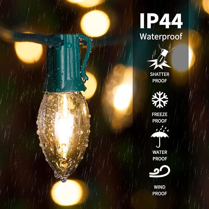 Brightown 50FT C7 Clear LED Christmas String Lights Outdoor, Connectable with 50+2 Bulbs(2 Spare) 0.6W Bulbs, Vintage Hanging Lights for Xmas Holiday Party, Patio, Roofline House Decor