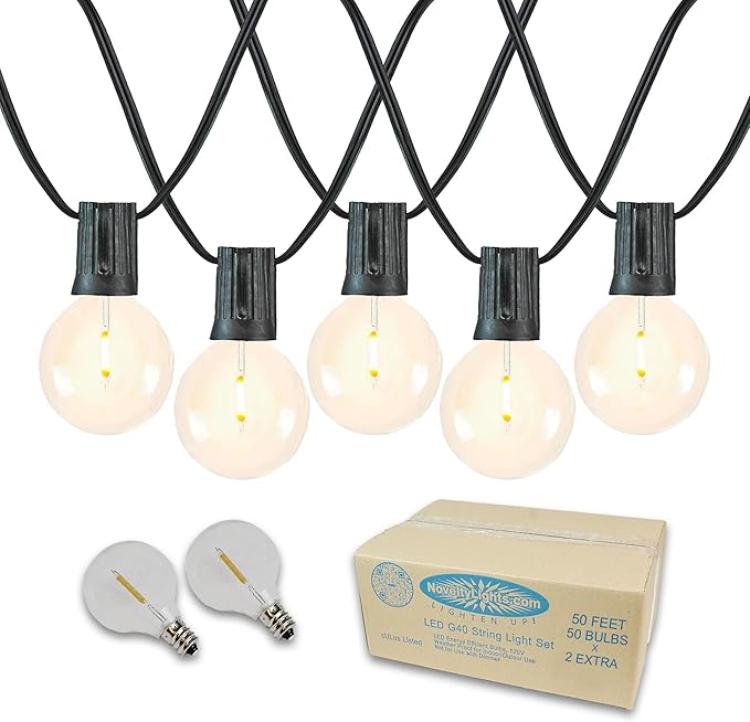 Novelty Lights 50 Feet G40 LED Patio String Light Set with 50 Bulbs, Warm White, Weather Resistant and Shatterproof Replaceable Plastic Globe Bulbs, Black Wire