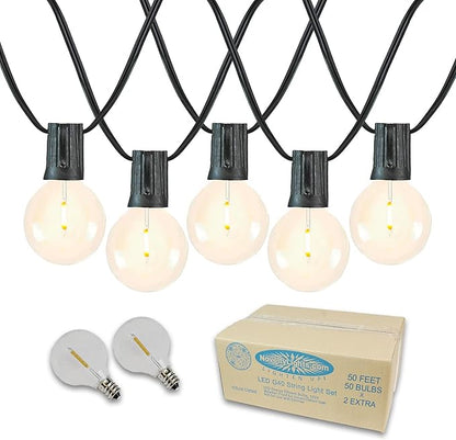 Novelty Lights 50 Feet G40 LED Patio String Light Set with 50 Bulbs, Warm White, Weather Resistant and Shatterproof Replaceable Plastic Globe Bulbs, Black Wire