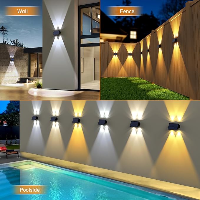 Solar Fence Lights,6Pack Solar Lights Outdoor 2700/4500/6000K 3 Modes Up & Down Wall Lights Waterproof 100 Lumens | Lumora