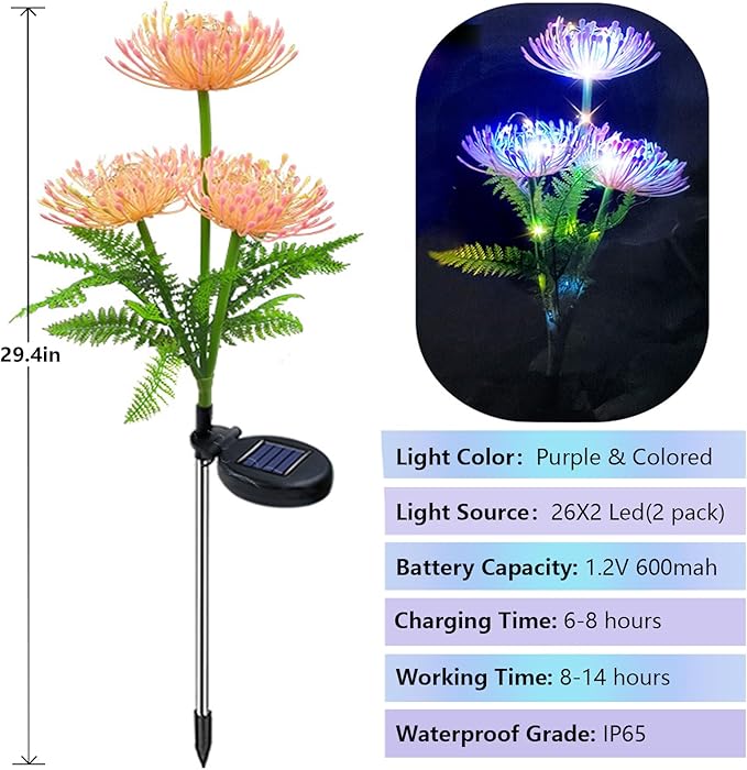 AVEKI Outdoor Solar Garden Lights, 2 Pack Solar Equinox Flowers Lights Colored LED Beads IP65 Waterproof Landscape Lights Outside Lights for Yard Lawn Patio Women's Gift (Colored Light)