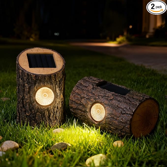 Solar Garden Lights Outdoor Decorative, 2 Pack Rustic Tree Stump Solar Pathway Lights IP65 Waterproof, Auto On/Off Yard Decor for Patio, Lawn, Flower Bed, Steps, Unique Garden Gifts, Warm White