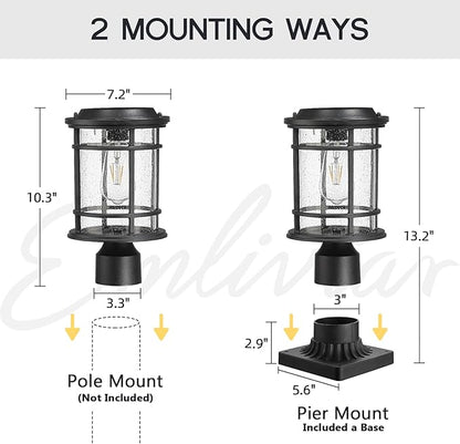 Emliviar 13 Inch Outdoor Solar Post Light, Dusk to Dawn Post Lighting Fixture with Remote Control, Removable Pier Mount with Seeded Glass, XE229P-SL BK