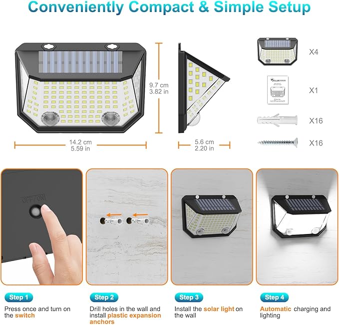 Kasonic Solar Lights Outdoor, 122 LEDs Wider Motion Sensor Lights with 300°Wide Angle, Ultra-Bright Solar Security Wall Lights for Outside Garden Patio Fence Stairway, Cool White-4 Pack