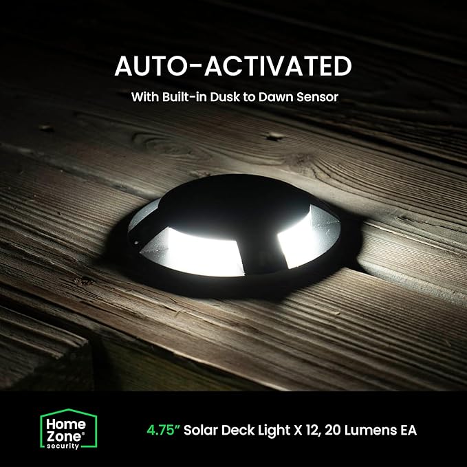 Home Zone 12 Packs Outdoor Solar Deck Light, Black, 120 Lumens Total, Waterproof, Dusk to Dawn, Aluminum Plastic | Lumora