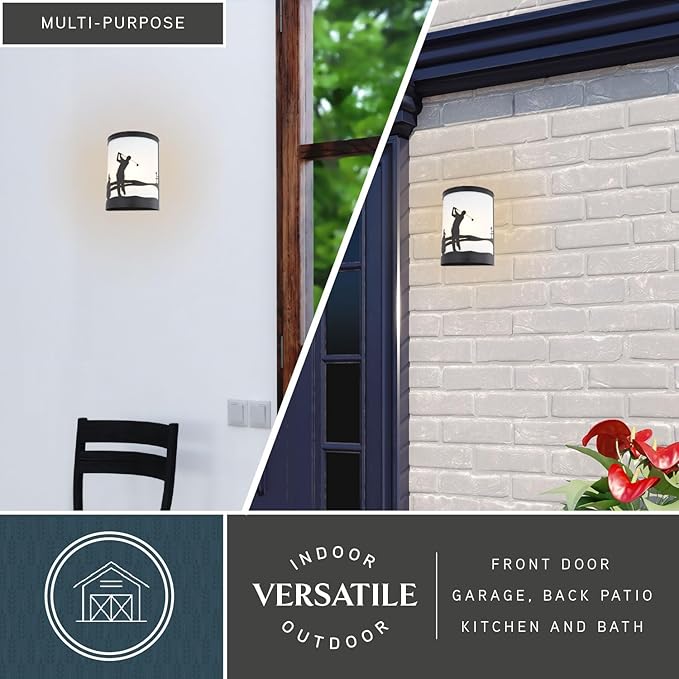 VAXCEL Links 1-Light 8 in. Wide Black Indoor-Outdoor Flush Mount Wall Sconce with Metal Golfer Cutout and Frosted | Lumora