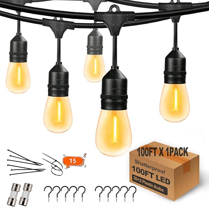 100FT String Lights for Outside Patio Lights with 30+2 Replaceable S14 2200K Warm Bulbs for Outdoor Pergola | Lumora