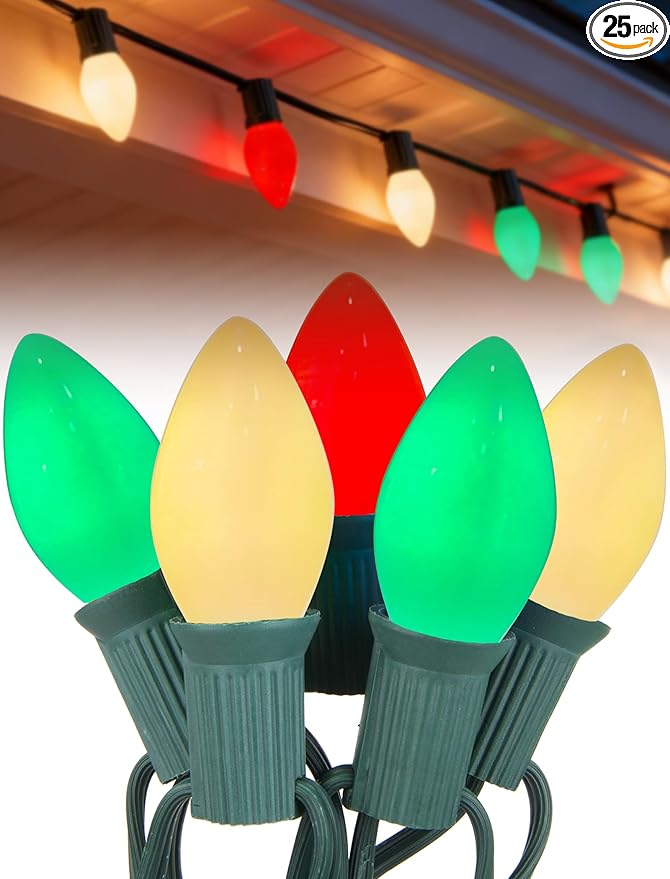 25Ft Red White and Green Christmas Lights,C7 Incandescent Christmas Lights with 27 White Red and Green Light Bulbs, Hanging Outdoor String Light for Tree Patio Wedding Party Decoration