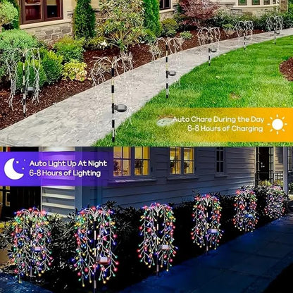 Solar Garden Christmas Lights, 1Pack Solar Willow Tree Lights, 200LEDs Solar Fairy Pathway String Lights 8 Modes Waterproof Copper Wire for Home Yard Christmas Decoration