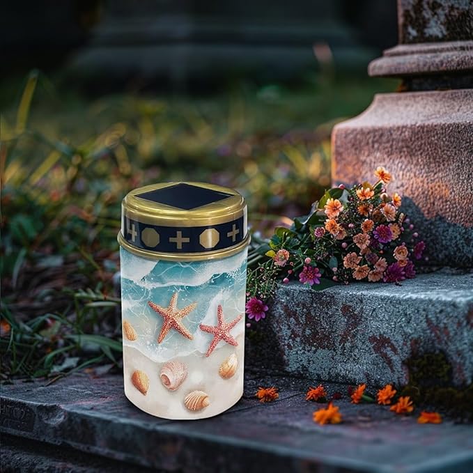 ZOUTAIRONG Solar Light for Cemetery Grave Garden Lights Red Starfish Conch Pattern Solar Powered Pathway Lights Outdoor Cemetery Lamp-6 Pack