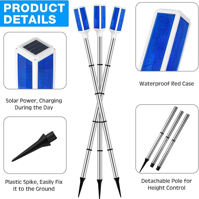 4 Packs Solar Powered Reflective Driveway Markers Lights 51'' Landscape Driveway Reflectors on Poles for Parking Winter Snow Road Outdoor Yard Night Sidewalk, Blue(Blue)