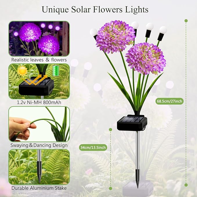 Solar Lights Outdoor Waterproof, 6 Pack Purple Solar Firefly Swaying Lights with Flowers, Flower Light Garden Decor for Halloween Christmas Outside Yard Patio, Gifts for Women Grandma