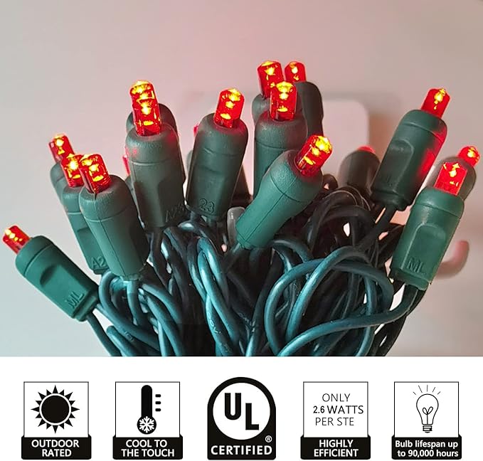 Christmas Lights 50 Red LED 17FT Mini LED String Lights, 120V UL, Green Wire Xmas Lights for Indoor & Outdoor Use, Holiday Party Decorations, Trees, Light Displays