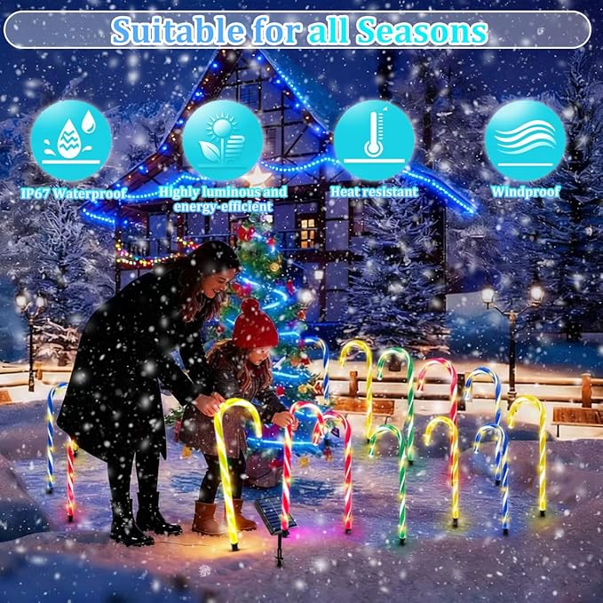 Solar Candy Cane Lights Multicolored, 12PCS Waterproof Candy Cane Christmas Outdoor Lights with 72LED, 8 Modes 1200mAh Solar Powered Outdoor Led Lights for Christmas Pathway, Patio, Garden Decorations