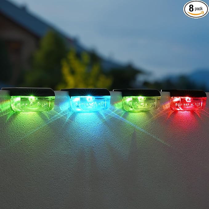 Solar Step Lights Outdoor, 8 Pack RGB Color Changing Christmas Solar Fence Lights, Waterproof Deck Lights for Outside, Step, Fence, Deck, Stair, Pool and Yard