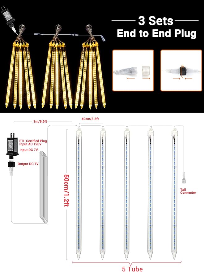 Flacchi Meteor Shower Icicle Lights - 5 Tubes 20" Each 270 LED Cascading Raindrop Lights, Timer Outdoor Waterproof | Lumora